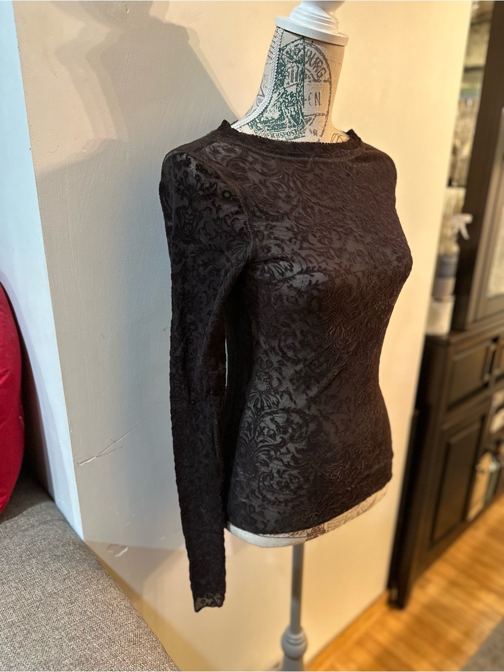 Brown Long-Sleeve Lace-Texture Women's Top - Picture 1 of 8